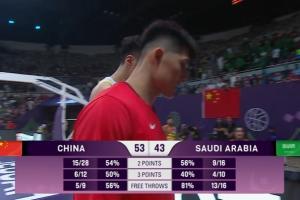 亚洲杯半场-胡金秋15分 王俊杰10+4+1 中国男篮领先沙特男篮10分