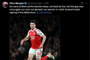 怎么吹都不够！摩根社媒夸赖斯：阿森纳在千禧年最好的一笔引援！
